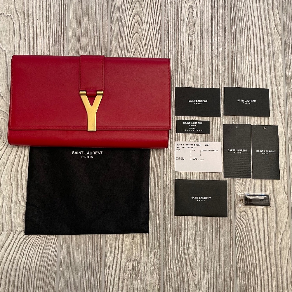 SAINT LAURENT Calfskin Classic Y Ligne Clutch Rouge Orient